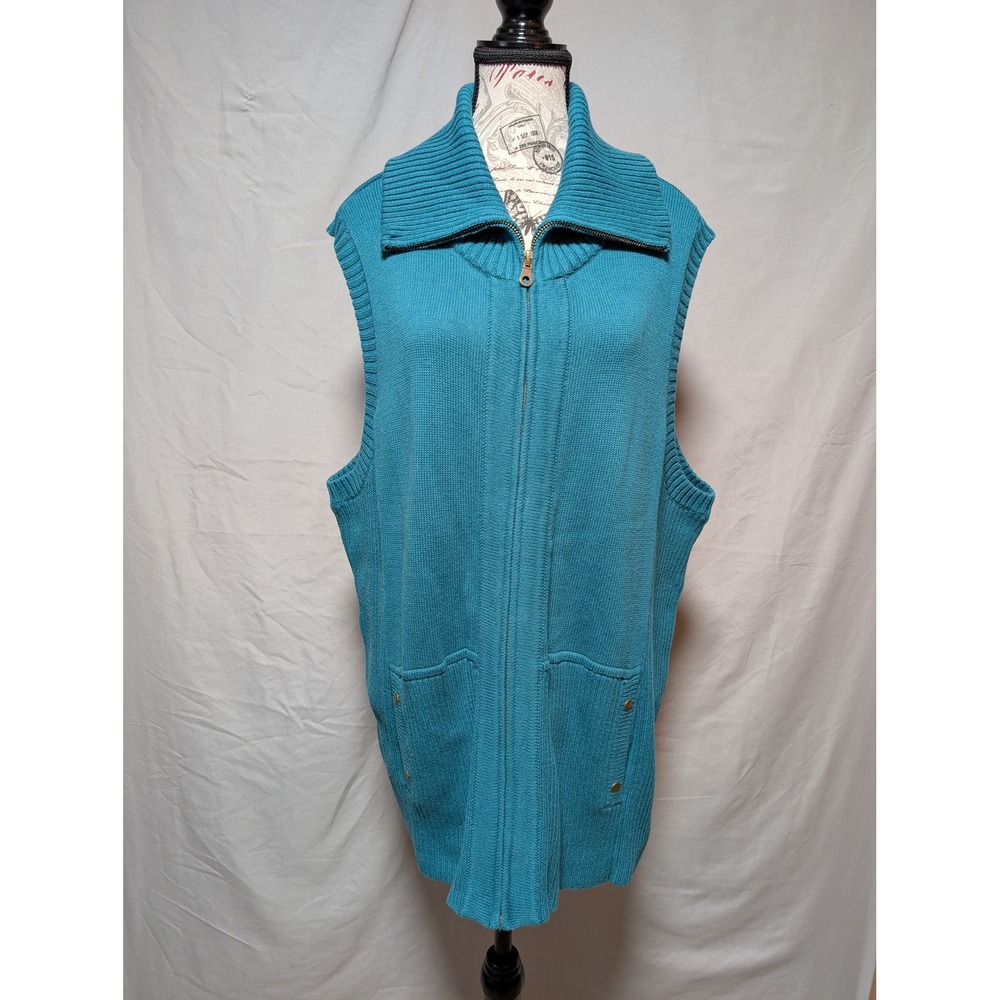 CJ Banks Teal Zip Front Knit Longline Sweater Cotton Vest Collar Women's 2X